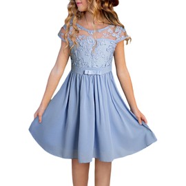 blibean Girl Short Sleeve Dress Young Kids Summer Flower Lace Mesh Boho Fancy Wedding Guest Dresses Fashion Casual Party Clothes Size 10-11 Year Old Light Blue
