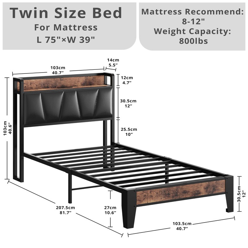 LIKIMIO Twin Bed Frame, Storage Headboard with Charging Station, Solid