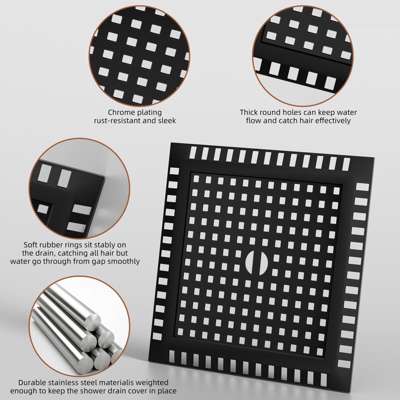 BAOTIYA 4 Inch Square Black Shower Drain Kit with Flange