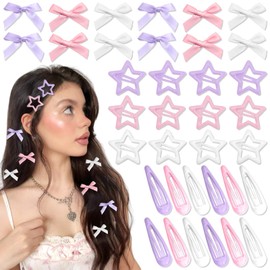 SAWINDA 36Pcs Y2k Pink Bow Hair Clips Water Drop Snap Hair Barrettes Metal No Slip Star Hair Clips White Mini Hair Bows Bowknot Star Hair Accessories for Women Girls
