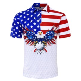 Fanient Men American Flag Golf Shirts Dry Fit 4th of July Eagle Polo Shirts Short Sleeve 3D Print Moisture Wicking Performance Independence Day Tops XXL