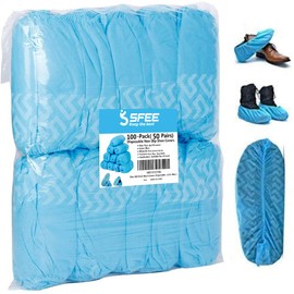 Sfee 100 Pack Shoe Covers-Disposable Shoe Covers for Indoors, Non Slip, Durable, Recyclable Non Woven Booties Shoes Cover for Workplace, Office, Home Floor Carpet Protection, One Size Fits All (Blue)