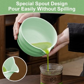 RONBEI 7PCS Matcha Whisk Set, Ceramic Bowl with Spout, Whisk and Holder, Bamboo Scoop, Scoop Holder, Sifter and Tea Towel for Matcha Tea Lovers