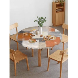 Round Fitted Tablecloth with Elastic Edge, Abstract Shabby Orange Color Block Waterproof Table Cover for Kitchen Outdoor Party Geometric Collage Art Table Cloth Fits Tables Up to 36"-44"