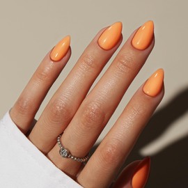KQueenest Soft Gel Press on Nails Kurz – Sheer Orange Nägel zum Aufkleben Kurz Mandel, Einfarbig Fake Nails mit Kleber, Glänzend Natürlich Künstliche Nägel Set für Frauen, 30 Stück