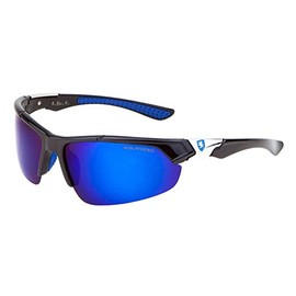 Khan Polarized Slim Semi Rimless Sport Wrap Around Sunglasses (Black, Silver & Blue Frame, Blue Flash Mirror)