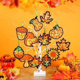 AmazingSpark 36 Set Fall Suncatcher Paper Crafts Kit DIY Autumn Leaf Pumpkin Stained Glass Effect Tissue Paper Hanging Suncatchers Decor for Autumn Thanksgiving Harvest Festival Art Party Supplies