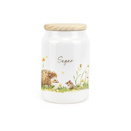 Purely Home Hedgehog & Mouse Ceramic Sugar Storage Canister - Woodland Wildlife & Scenery Artwork Kitchen Food Storage Container & Wooden Lid 600ml (14.5cm x 9.5cm)