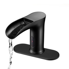 CDLODIN Automatic Sensor Touchless Waterfall Bathroom Sink Faucet, Modern Electronic Sensor Lavatory Faucet, Matte Black Hands Free Vanity Faucets with Control Box and Temperature Mixer