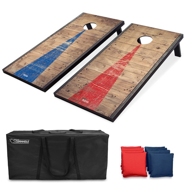 GoSports 4 ft x 2 ft Classic Cornhole Set with Rustic Wood Finish | Includes 8 Bags, Carry Case and Rules, Red/Blue