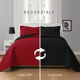Elegant Comfort 3-Piece Quilted Reversible Bedspread Coverlet Set with Pillow Shams, Exquisite Diamond Stitching All Season Heavy Weight - Ultra Soft Premium Quilt- Twin, Black/Burgundy