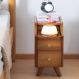 ABAMFUR Narrow Nightstand, Solid Wood Night Stand for Small Spaces, Couch, Walnut Color 9.84in Wide