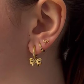 3 Pairs Bow Earrings for Women Gold Dangle Drop Earrings Small Bow Hoop Stud Earrings Set Bow Accessories Jewerly Gifts for Women