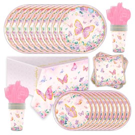 81Pcs Pink Butterfly Party Tableware Set Pink Butterfly Flowers Birthday Party Plates Napkins Tablecloth Tableware Supplies Set Disposable Table Butterfly Theme Decoration for Birthday.