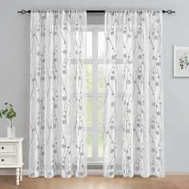 HOMEIDEAS Grey and White Sheer Curtains 52 X 96 Inches Length 2 Panels Embroidered Wave Line with Spiral Pattern Pocket Faux Linen Semi Sheer Voile Window Curtains/Drapes for Bedroom Living Room