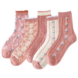 DXYAKY 5 Pairs Women's Floral Cotton Socks Vintage Patterned Crew Socks Novelty Ankle Ruffled Warm Casual Dress Socks, 5 Pairs Pink