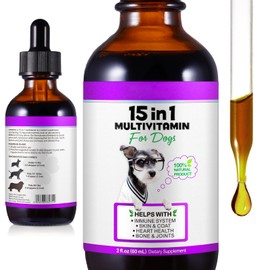 15-in-1 Dog Multivitamin Drops for Dogs | Liquid Multivitamin with Glucosamine, MSM & Omega for Joint, Heart, Immune & Skin Health | Easy Liquid Drops for Picky Eaters