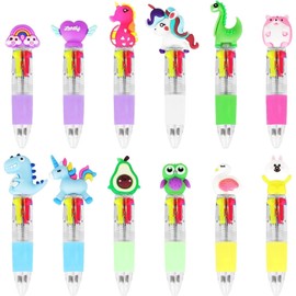 VEYLIN Cartoon Ballpoint Pen, 12PCS Multicolour 4-in-1 Ballpoint Pen Cute Retractable Pens Kids Point Pen for School Students Class Gift Party Bag Fillers