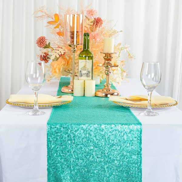 ShinyBeauty 12x108-Inch Sequin Table Runner Teal 1 Piece Table Runner