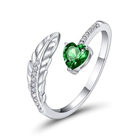 PEARLOVE Silver Feather Ring, Birthstone Open Finger Rings for Women Girls Adjustable Size 6-12
