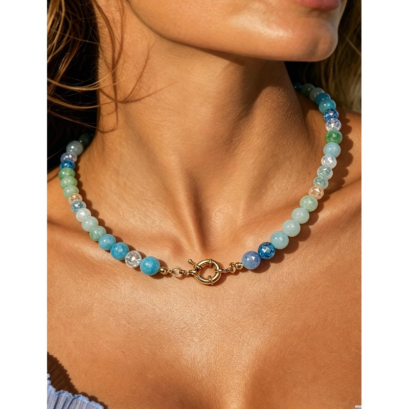 zocare Beaded Gemstone Necklace for Women,Crystal Beads Choker with Spring