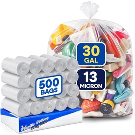 PLASTIC PRINCE 20-30 Gallon Garbage Bags High Density Clear 30" × 37" Trash Can Liners 13 Micron Trash Bags Pack of 500