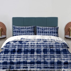 BaoNews Blue Tie Dye Duvet Cover Set Queen Size,3 Pieces Shibori Striped Navy Indigo Abstract Folk Bedding Set Hotel Quality 100% Cotton Comforter Cover Set with 2 Pillowcases(No Filler)