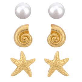 3 Pairs Beach Earrings Set, Gold Starfish Conch & Pearl Seashell Studs for Women Summer Vacation Theme Jewelry Accessories