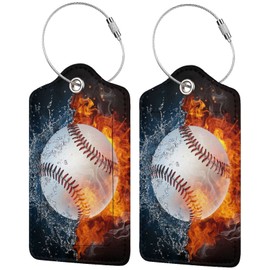 Richugui Retro Water Fire Baseball Pattern 2 Pack PU Leather Luggage Tags for Suitcase, Luggage Tag with Privacy Flap, Name ID Label for Women Men Luggage Handbag School Bag Backpack