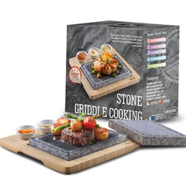Artestia Professional Steak Stone Grill Set - 2pcs Natural Granite Cooking Stones for Indoor & Outdoor BBQ Hibachi - Heat-Resistant Stones (2 Granite Stone+1 Bamboo Tray+3 Sauce Bowls)
