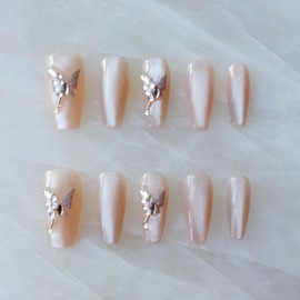 GLORS Press On Nails, Long Ballerina Coffin Shape, Nude Pink with Butterfly Rhinestone Design, Handmade False Nail 10 Pieces (S,LB)