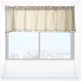 Fkereg Valances for Windows with Boho Tassels, Small Farmhouse Kitchen Window Curtains over Sink Linen, Short Toppers Cafe Curtains Rod Pocket Semi Sheer Treatment for Bathroom Bedroom, 132x46 cm, A