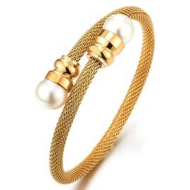 COOLSTEELANDBEYOND Classic Ladies Steel Gold Color Twisted Cable Cuff Bangle Bracelet with Synthetic White Pearl