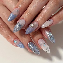 24Pcs Almond Press On Nails，Almond Shaped Press On Nails，Almond Nails Press On Long Almond Nails French Tip Fake Nails with Diamond Charm Starry Sky Designs Artificial Nails Stick on Nails For Women