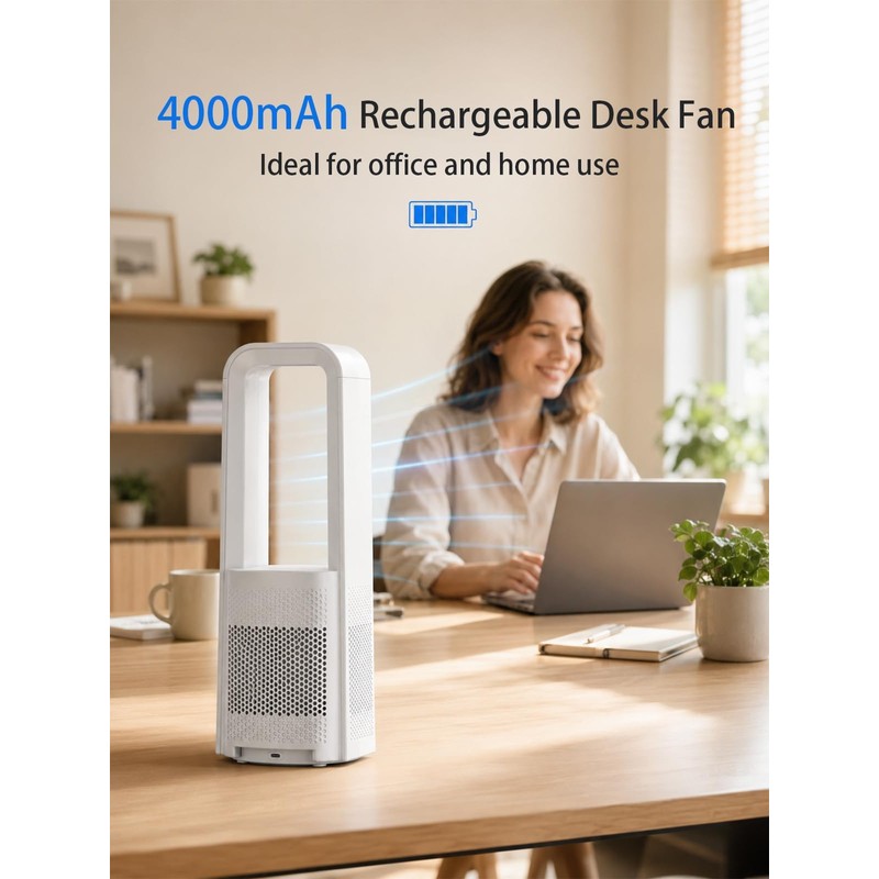 Desk Fan Bladeless, 120° Oscillating Fan Rechargeable, Quiet Fan with