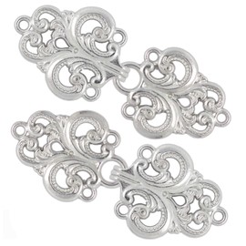 BEZELRY Swirl Flower Cape or Cloak Clasp Fasteners Pack of 4 Pairs 65mm x 28mm Fastened. Sew On Hooks and Eyes Cardigan Clip (Silver)