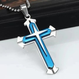 Unbranded Cross Pendant Necklace Stainless Steel Plated Silver Gold Men Women Cuban Chain - Blue