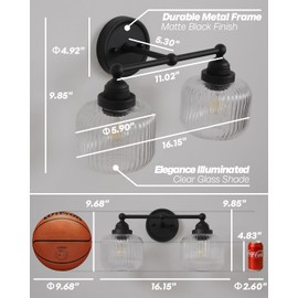 SongCiLT Vintage 2-Lights Clear Ribbed Glass Wall Sconce Lighting Black Finished, Double Head Bathroom Vanity Light Fixture for Bedroom Living Room Dining Room Hallway