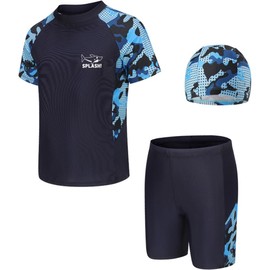 NIUAOAO Boys Swimsuits Kids 3PCS Rash Guard Sets with Hat UPF50+ Short Sleeve Swimwear Sets 9-10 Years for Boys 5XL