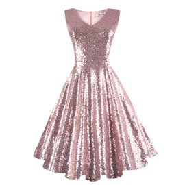 Dressever Women's 50s 60s Vintage Sleeveless Cocktail Party Dress with Pockets Sequins Rose Gold S