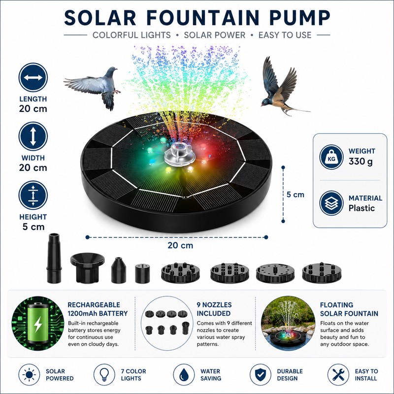 Solar Fountain Pump with LED Lights for Garden Ponds –