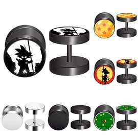 FLYUN Anime Fake Gauges Earring for Men, 6Pairs DBZ Fake Gauge Fake Plug Mens Earring, 10MM 18G Screw Stud Black Men's Earrings (Black)