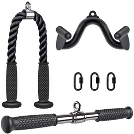 Kipika Cable Machine Attachment - 28" Nylon Tricep Rope, 18“ Rotating Straight Bar and 12" LAT Pull Down Bar - Heavy Duty Cable Machine Accessories for Home Gym.