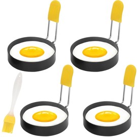 Fried Egg Mould, Pack of 4 Fried Egg Moulds for the Pan, 3 Inch Stainless Steel Egg Ring Pancake Shape Egg Ring with Folding Handles and Oil Brush for Fried Eggs Sandwiches Meatloaf (Black)