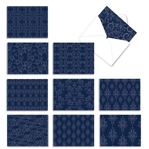 Beautiful Assorted Blank Note Cards with Envelopes 4 x 5.12 inch - All Occasion Greeting Cards 'Indigo Blues' - Professional, Floral Blue Pattern Notecard Stationery (Box of 10) M1776BN