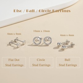 Loutade Stud Earrings 925 Silver, 3 Pairs 925 Sterling Silver Women's Stud Earrings Set, Hypoallergenic Earrings, 925 Silver Stud Earrings for Multiple Ear Holes (Circle, Ball, Disc) Gifts for Men