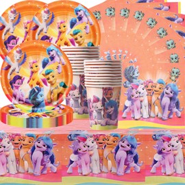 Pack of 61 Pony Party Tableware, Children's Party Tableware, Pink Fantasy Girl Party Tableware, Includes Paper Plates, Cups, Hoist a Flag and Tablecloths, Suitable for Children's Birthday Parties for