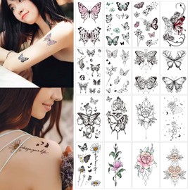 Chisafly 16 Pcs Tattoo Stickers Butterfly Flower Tattoo Stickers Removable Long Lasting Waterproof for Women Festival Birthday Tummy Collarbone