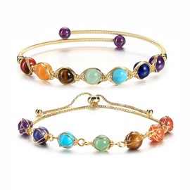 JSDDE 7 Chakra Crystals Bracelet 14K Gold Reiki Healing Crystal Gemstone Bracelets for Yoga Meditation Set