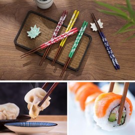5 Pairs Wooden Chopsticks with Chopsticks Shelves, Sushi Chopsticks Set Maple Leaf Chopsticks with Gift Box, Reusable Chopsticks, Asian Cutlery with 5 Ceramic Chopsticks Pads